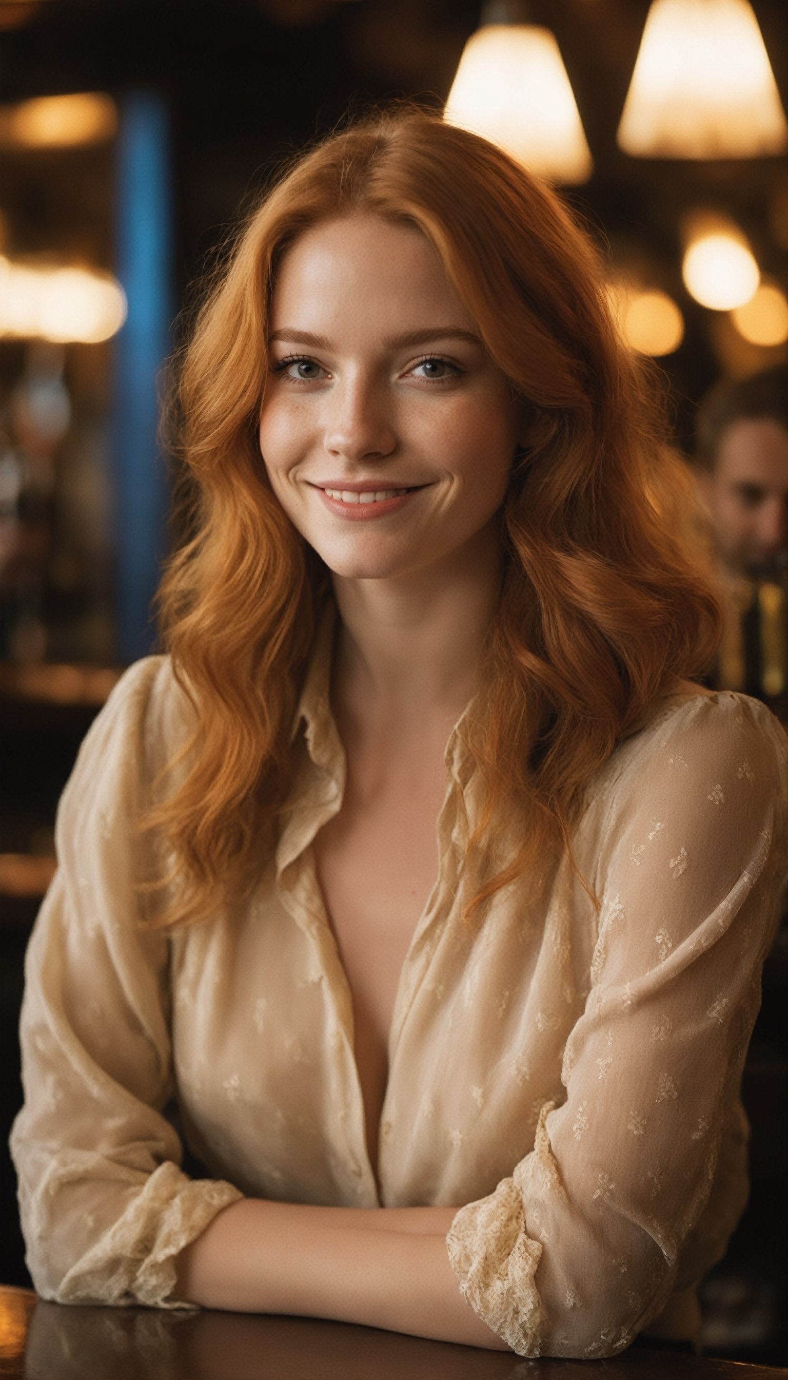 a close up photo of a 20 year old french woman in a blouse at a bar, seductive smile, ginger hair, cinematic light, film still,

