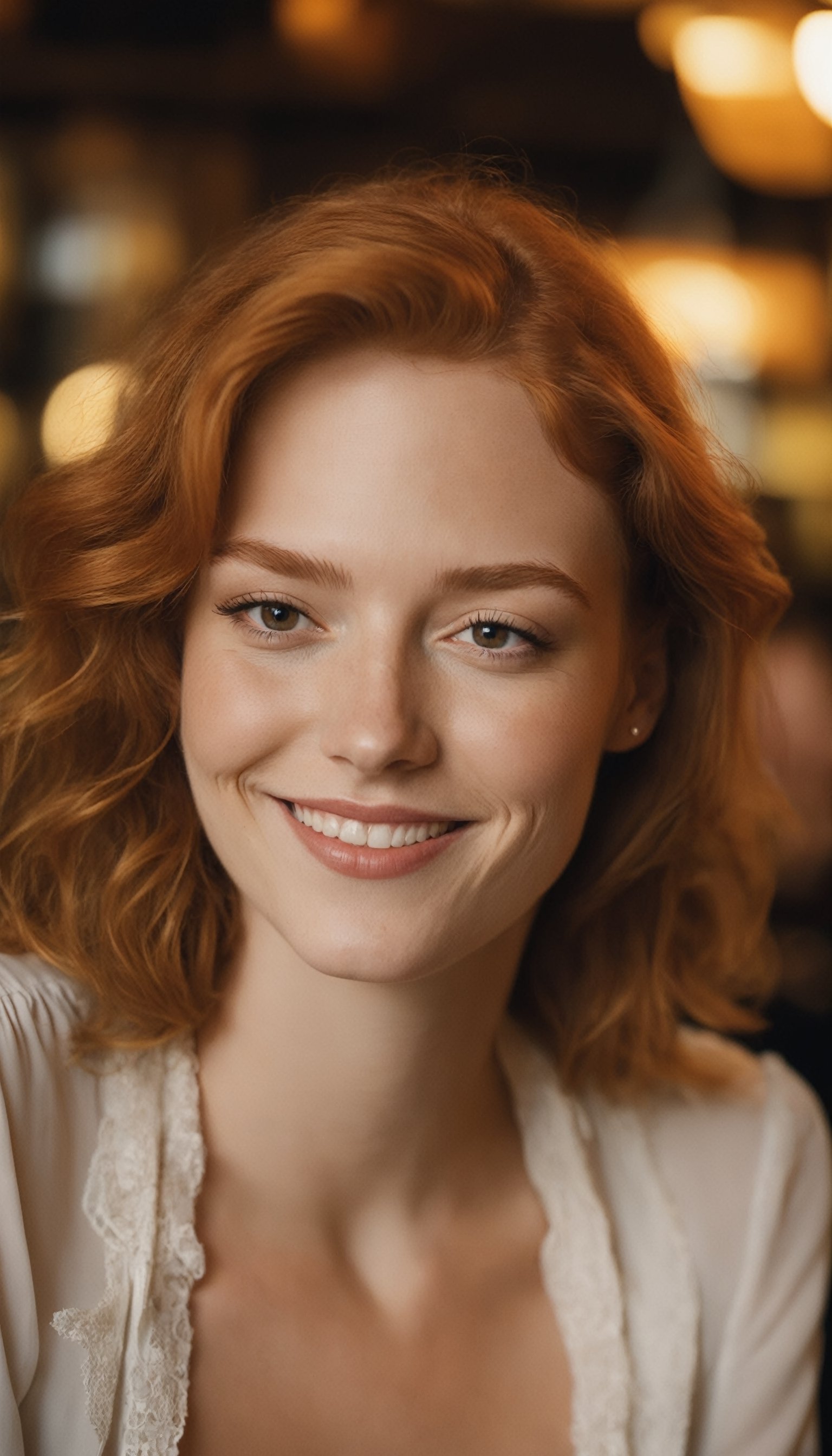 a close up photo of a 20 year old french woman in a blouse at a bar, seductive smile, ginger hair, cinematic light, film still,

