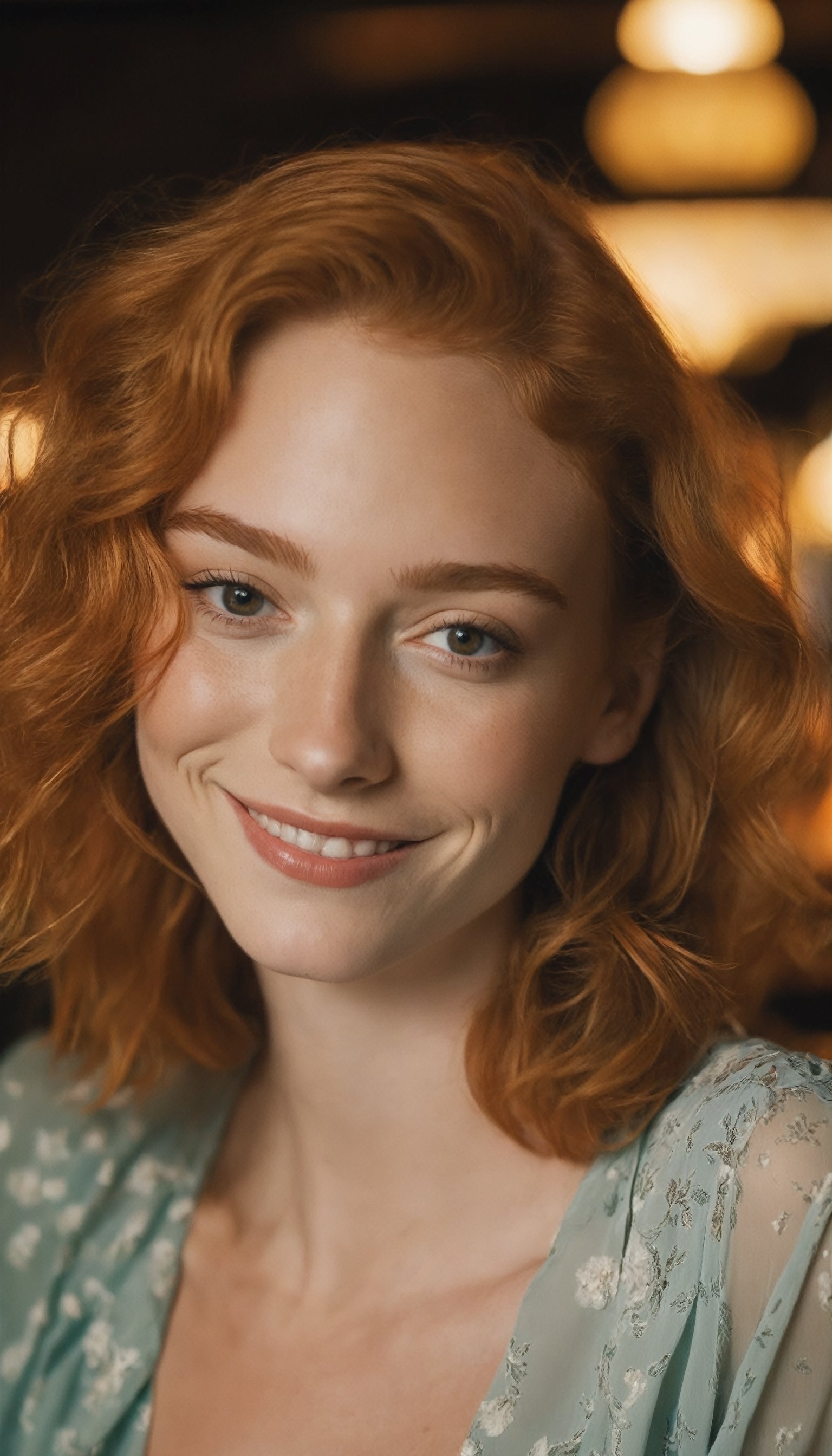 a close up photo of a 20 year old french woman in a blouse at a bar, seductive smile, ginger hair, cinematic light, film still,

