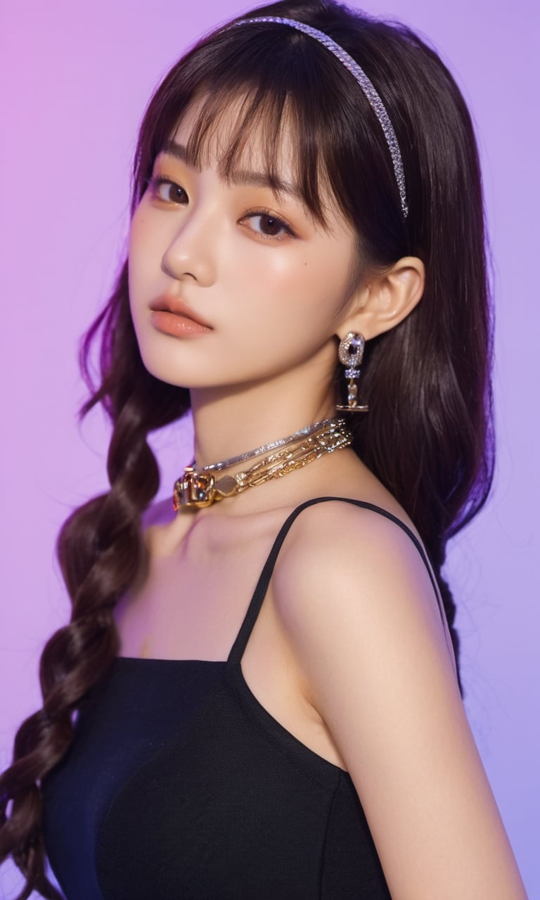 xxmixgirl,woman in a black dress posing for a picture, “uwu the prismatic person, kpop style colors, shot at night with studio lights, neck chains, inspired by Wang Yuanqi, brown hair with bangs, 1: 1 album artwork, streaming on twitch, plastic doll, lisa, lolita, glamorous angewoman digimon