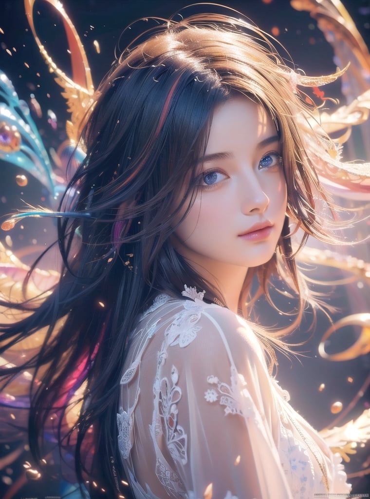 (masterpiece, top quality, best quality, official art, beautiful and aesthetic:1.2), (1girl), extreme detailed,(abstract, fractal art:1.3),colorful hair,highest detailed, detailed_eyes, light_particles, 