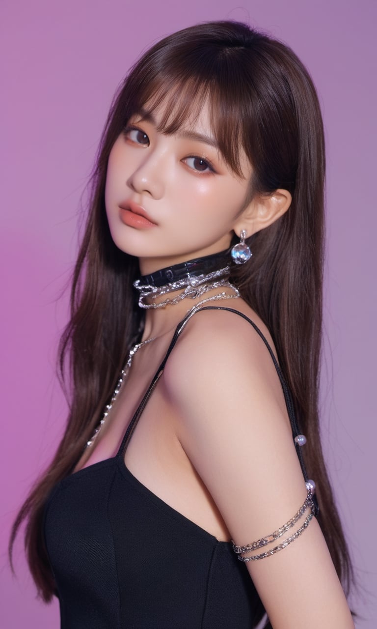 xxmixgirl,woman in a black dress posing for a picture, “uwu the prismatic person, kpop style colors, shot at night with studio lights, neck chains, inspired by Wang Yuanqi, brown hair with bangs, 1: 1 album artwork, streaming on twitch, plastic doll, lisa, lolita, glamorous angewoman digimon