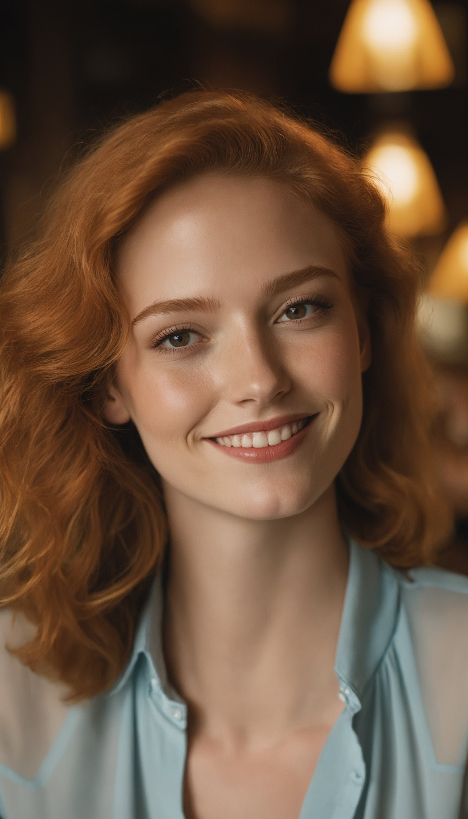 a close up photo of a 20 year old french woman in a blouse at a bar, seductive smile, ginger hair, cinematic light, film still,

