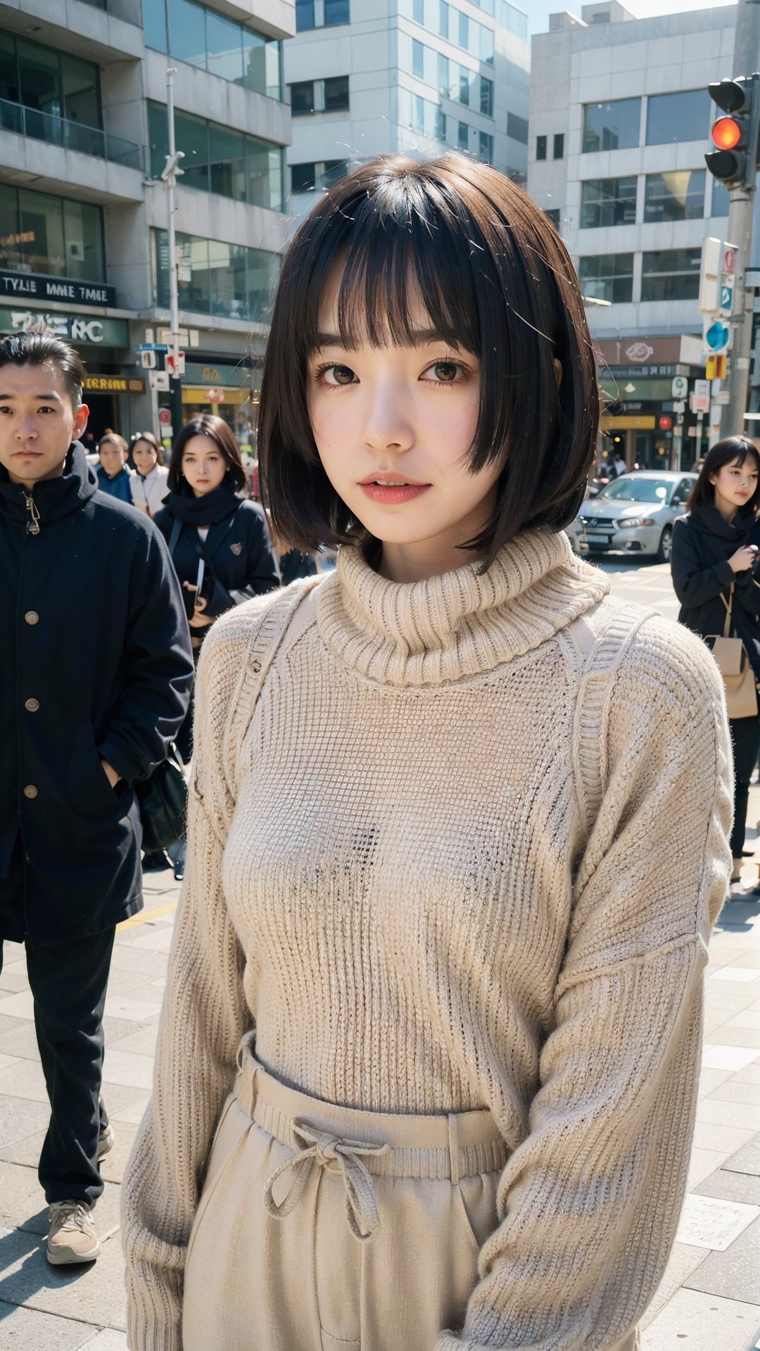 (Candid photography:1.3) photo of a beautiful woman, (long hime cut hairstype:1.3), (short hair:1.3), dressed in a beige cowl neck sweater, long pants, cowl neck sweater, walking in the center of the city, upper body, soft diffused lighting, eye level, shot on Aaton LTR with technicolor, (in style of Tyler Shields:1.2)