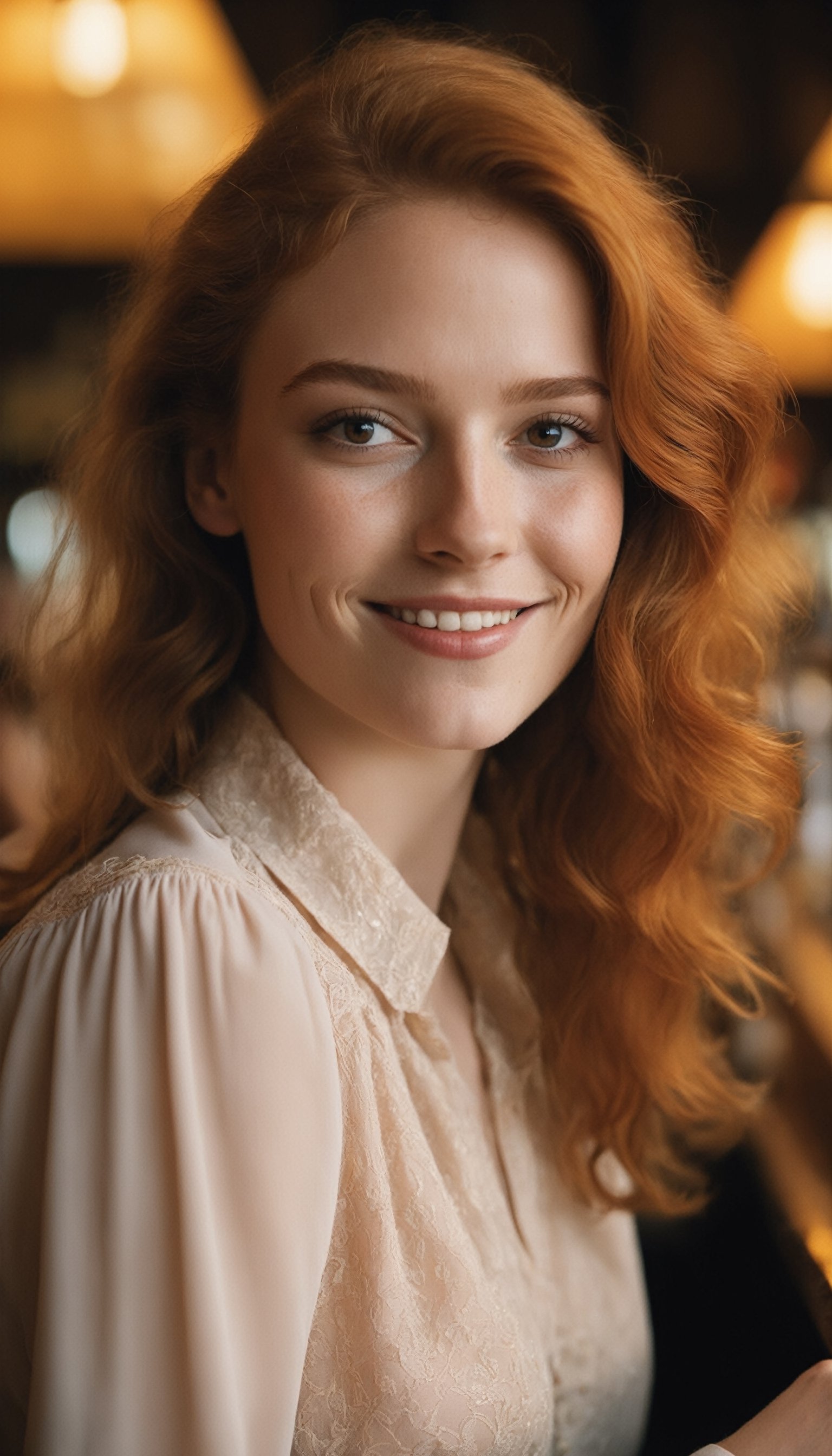 a close up photo of a 20 year old french woman in a blouse at a bar, seductive smile, ginger hair, cinematic light, film still,

