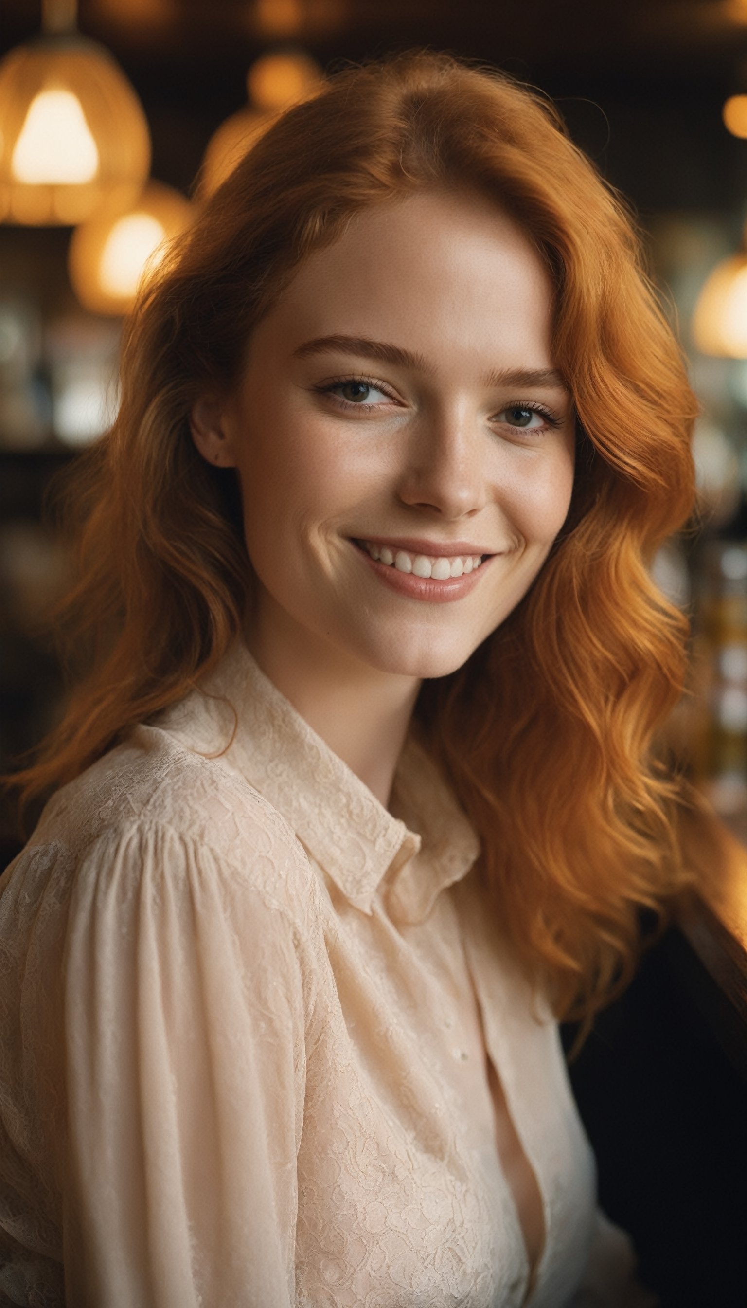 a close up photo of a 20 year old french woman in a blouse at a bar, seductive smile, ginger hair, cinematic light, film still,

