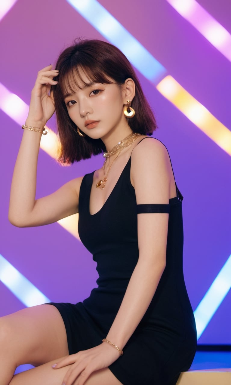 xxmixgirl,woman in a black dress posing for a picture, “uwu the prismatic person, kpop style colors, shot at night with studio lights, neck chains, inspired by Wang Yuanqi, brown hair with bangs, 1: 1 album artwork, streaming on twitch, plastic doll, lisa, lolita, glamorous angewoman digimon