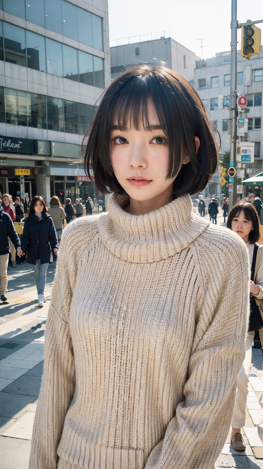 (Candid photography:1.3) photo of a beautiful woman, (long hime cut hairstype:1.3), (short hair:1.3), dressed in a beige cowl neck sweater, long pants, cowl neck sweater, walking in the center of the city, upper body, soft diffused lighting, eye level, shot on Aaton LTR with technicolor, (in style of Tyler Shields:1.2)