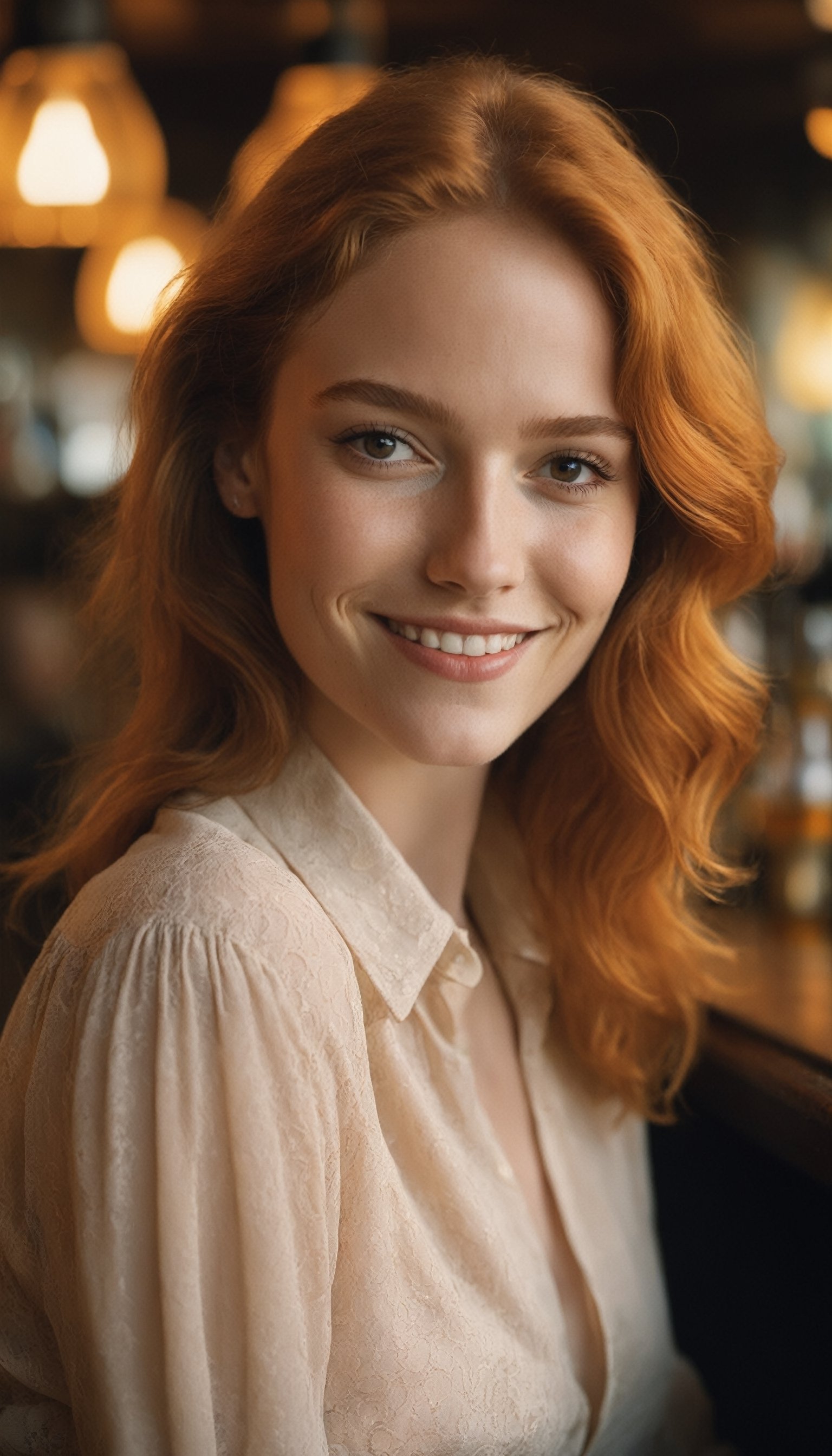 a close up photo of a 20 year old french woman in a blouse at a bar, seductive smile, ginger hair, cinematic light, film still,

