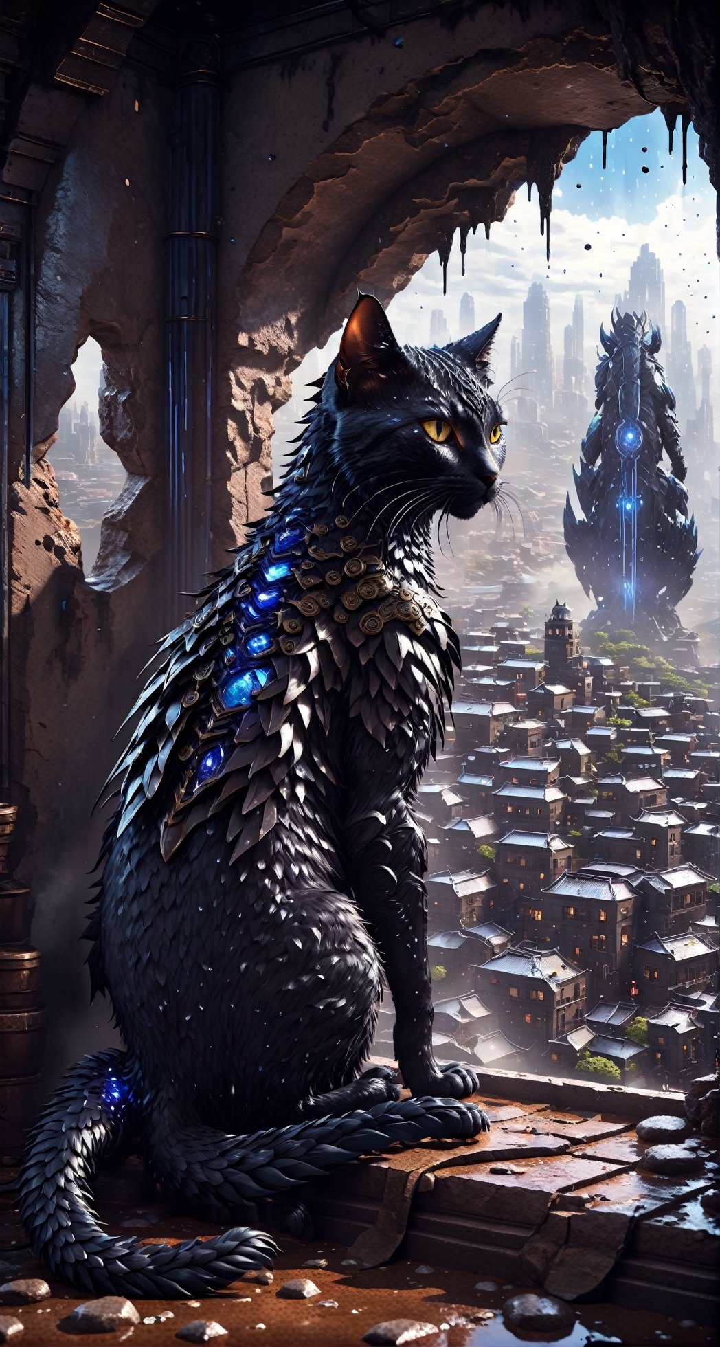 a little spherical blue slime looking to a giant black dragon inside a cave with magic crystals, hyperrealistic, digital art, concept art, octane render, unreal engine 5, trending on DeviantArt, trending on DeviantArt, highly detailed, high quality, 8K HDR, path traced, anatomically correct, geometric, cinematic, high coherence A cat sitting on a window watching the view of a cyberpunk city, 24mm, 8k, octane render, beautiful, peaceful, cyberpunk, moody, raining, rain, super detailed, dof, volumetric lighting, rtx, raytracing