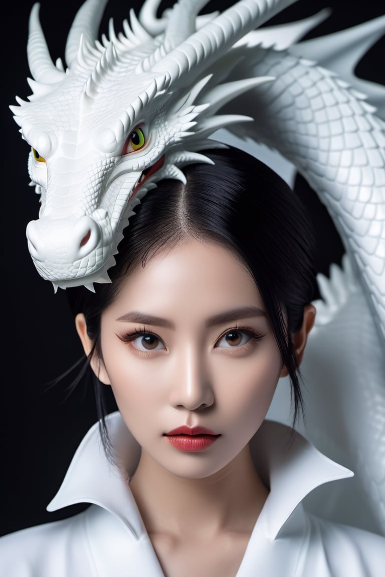 30 years old female Asian, Slicked-bac hair style, in a white tone environment with a white dragon behind him, Spirited Away, Hayao Miyazaki, surrealism, fantasy style, Lofi photography, shot on fujifilm XT4, Upper body,