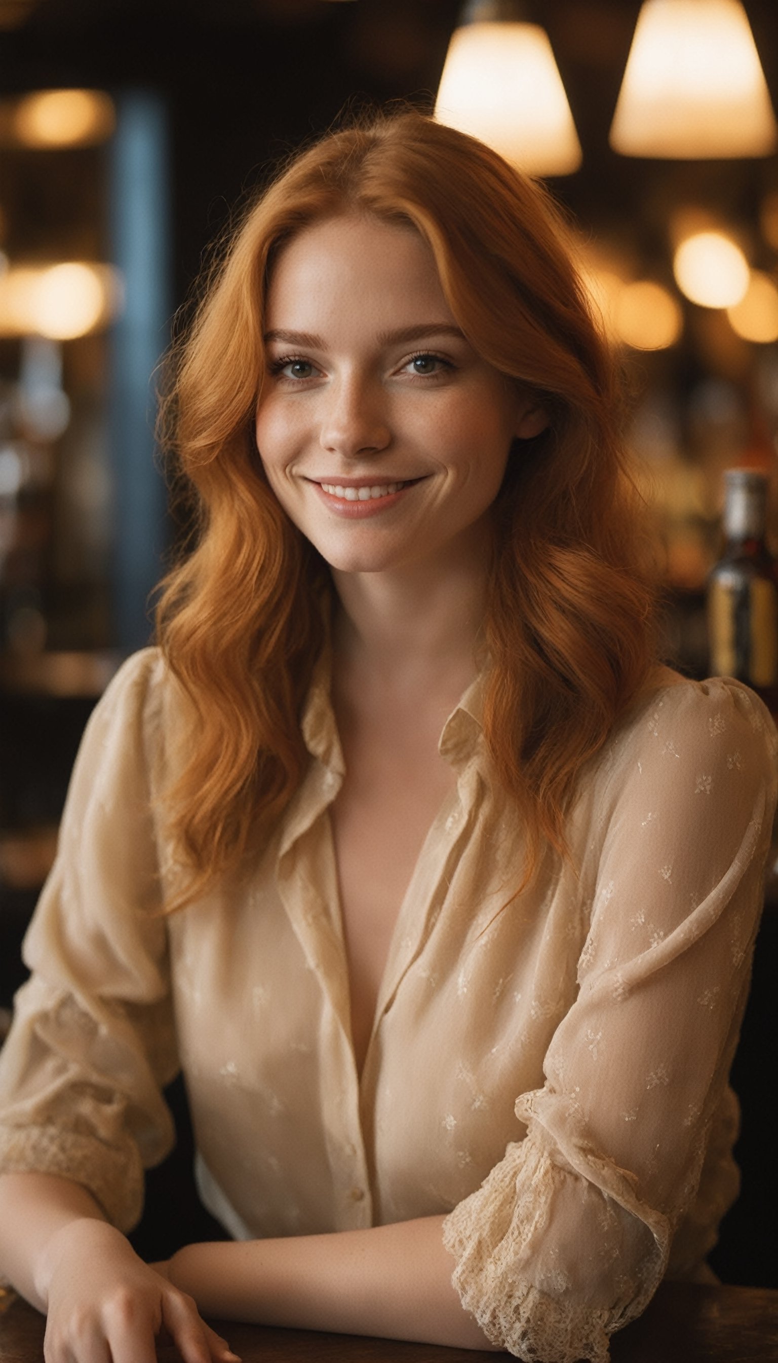 a close up photo of a 20 year old french woman in a blouse at a bar, seductive smile, ginger hair, cinematic light, film still,

