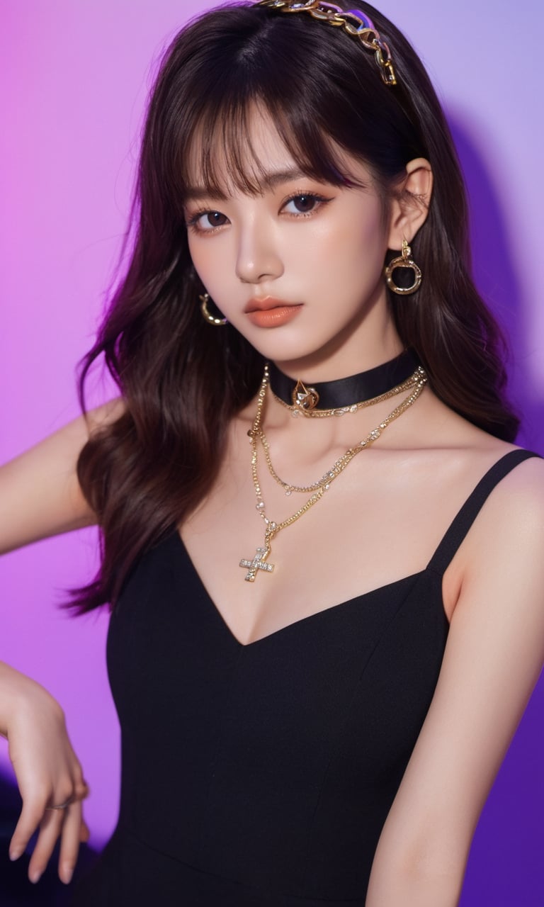 xxmixgirl,woman in a black dress posing for a picture, “uwu the prismatic person, kpop style colors, shot at night with studio lights, neck chains, inspired by Wang Yuanqi, brown hair with bangs, 1: 1 album artwork, streaming on twitch, plastic doll, lisa, lolita, glamorous angewoman digimon