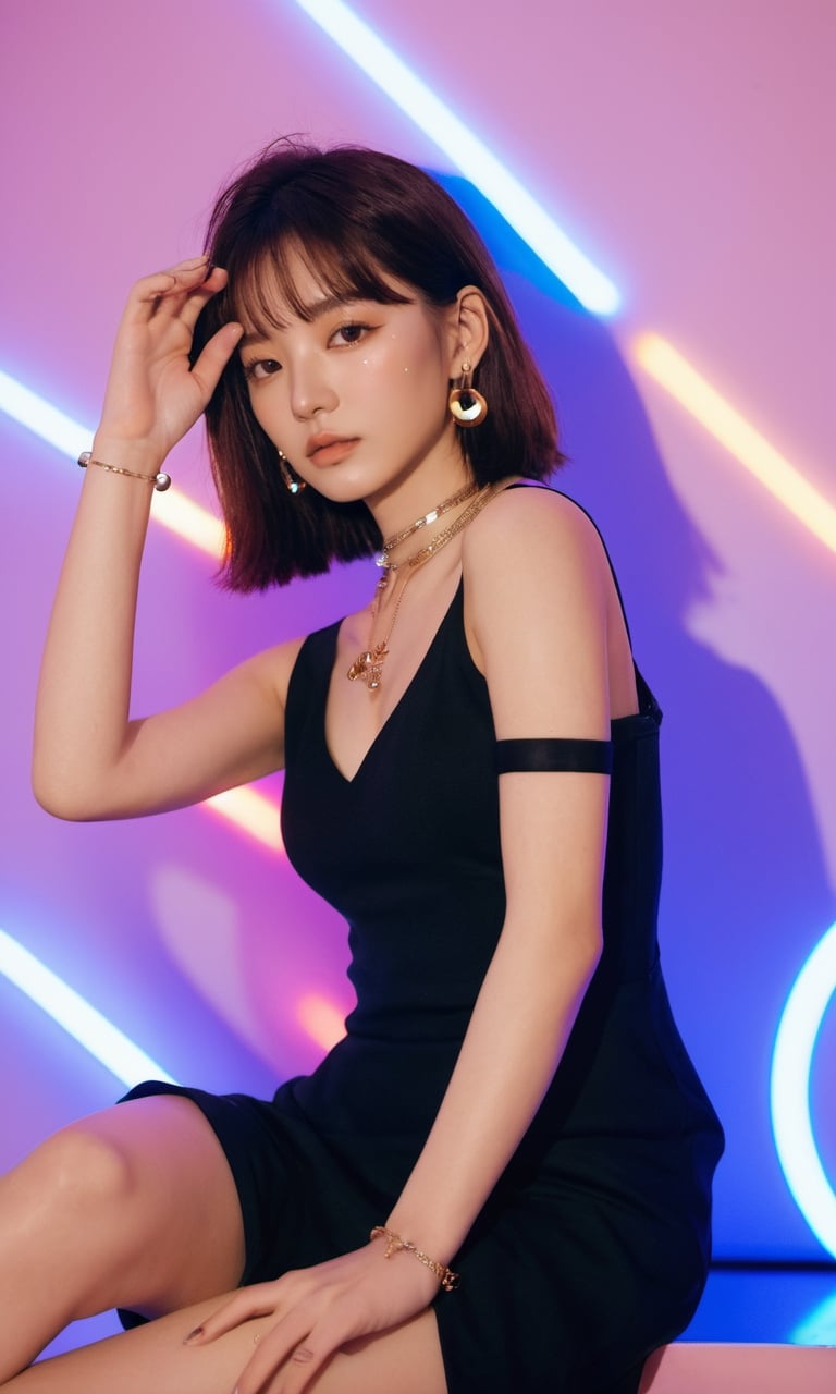 xxmixgirl,woman in a black dress posing for a picture, “uwu the prismatic person, kpop style colors, shot at night with studio lights, neck chains, inspired by Wang Yuanqi, brown hair with bangs, 1: 1 album artwork, streaming on twitch, plastic doll, lisa, lolita, glamorous angewoman digimon