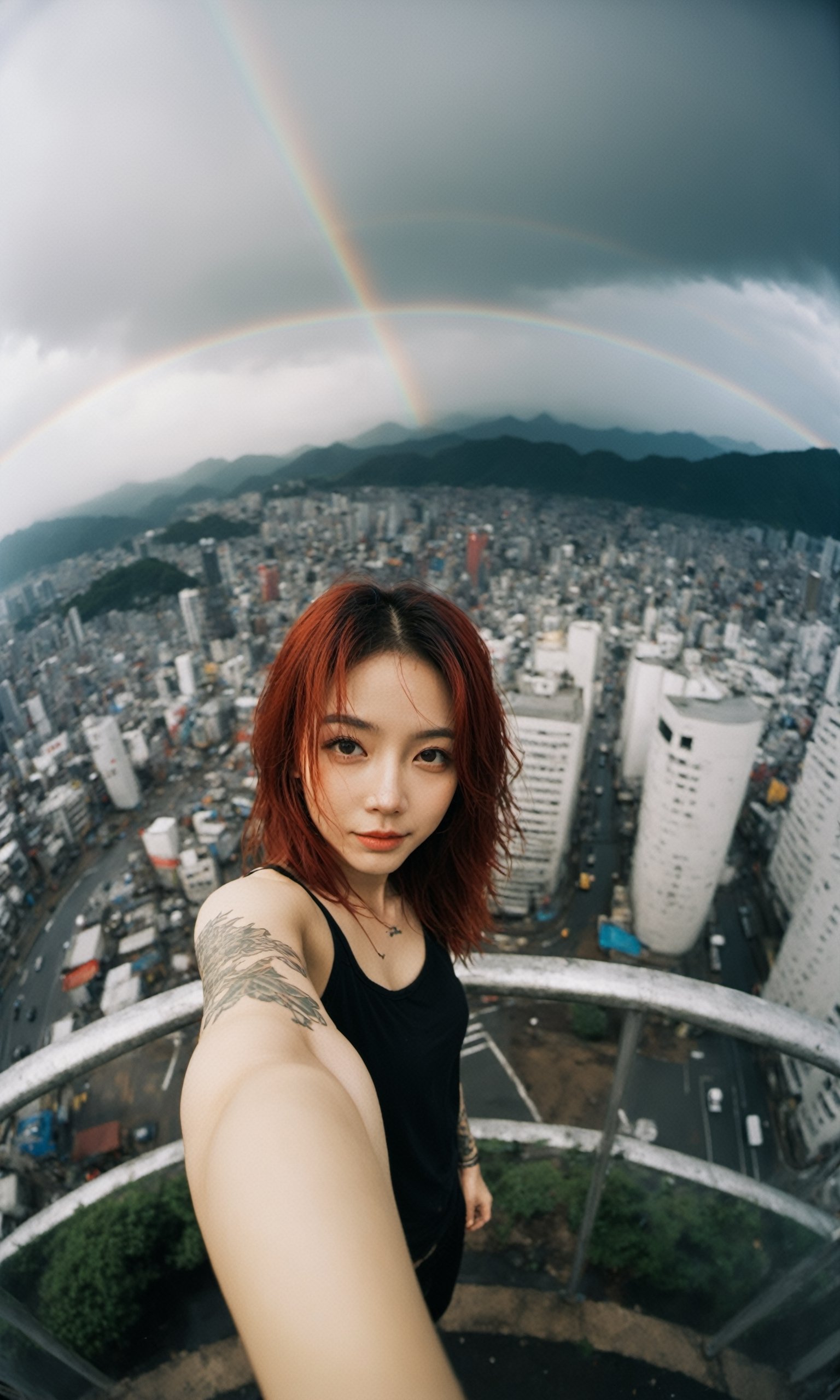 xxmixgirl,1girl, fisheye, taking selfie with one hand, wind, messy hair, raining, rainbow, stand in highest tower in the city, japan city background, (aesthetics and atmosphere:1.2), red hair, tattoo,smiling,FilmGirl