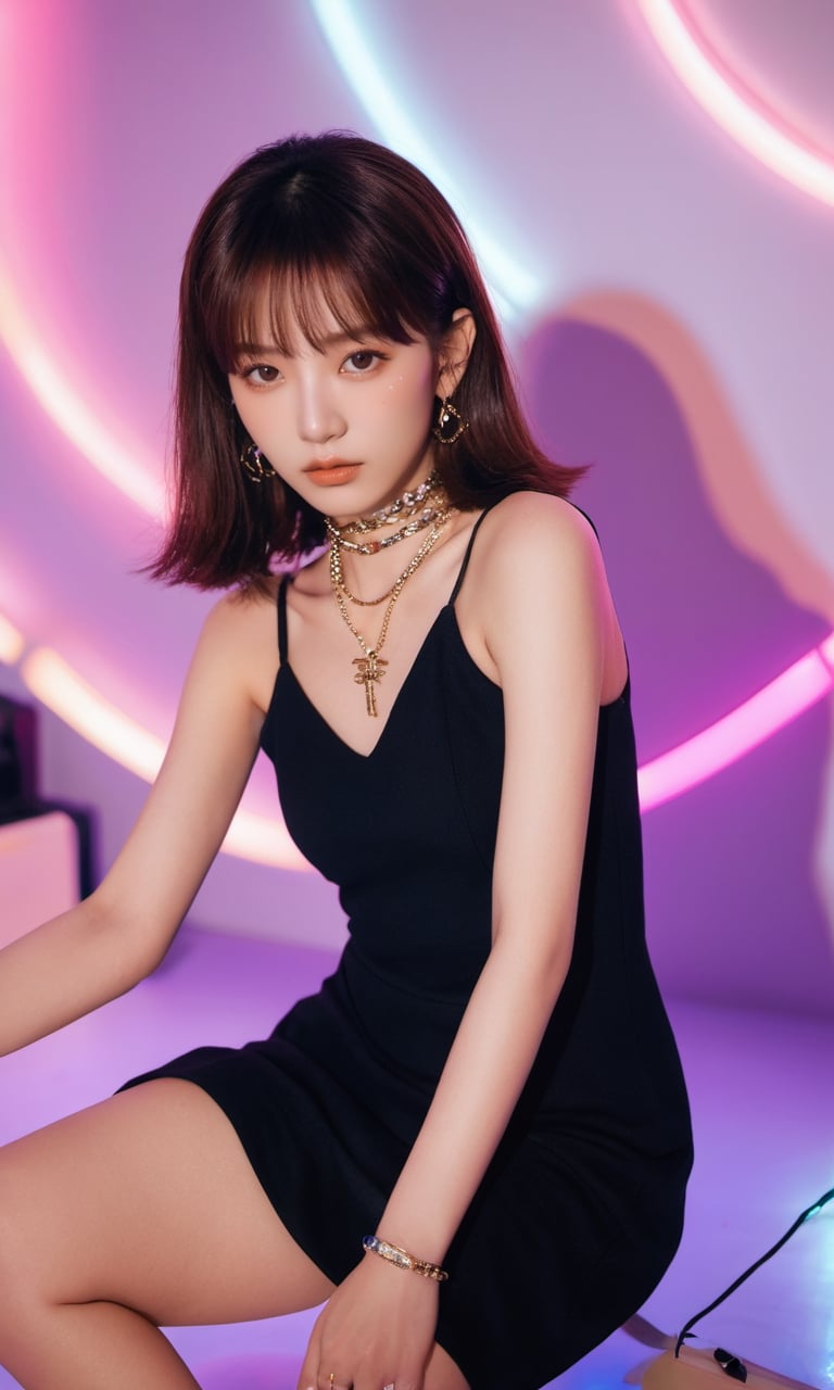 xxmixgirl,woman in a black dress posing for a picture, “uwu the prismatic person, kpop style colors, shot at night with studio lights, neck chains, inspired by Wang Yuanqi, brown hair with bangs, 1: 1 album artwork, streaming on twitch, plastic doll, lisa, lolita, glamorous angewoman digimon