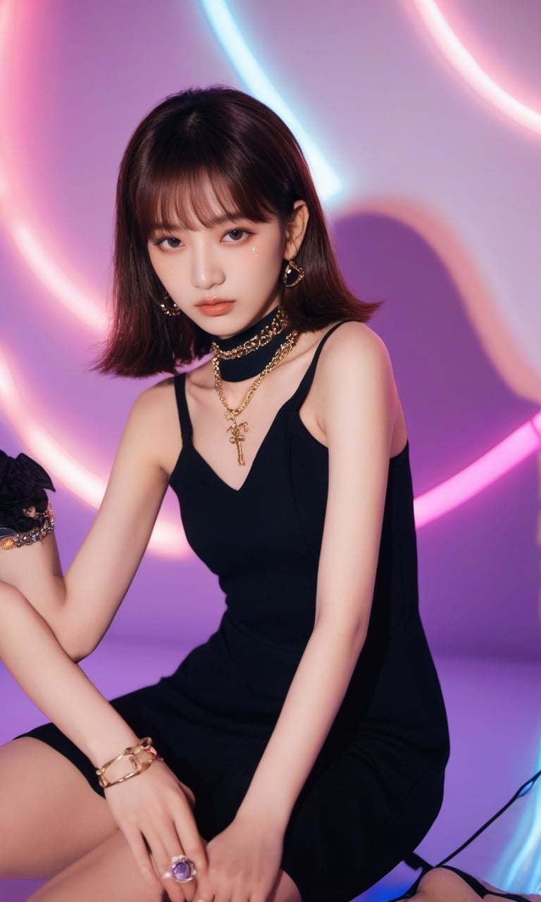 xxmixgirl,woman in a black dress posing for a picture, “uwu the prismatic person, kpop style colors, shot at night with studio lights, neck chains, inspired by Wang Yuanqi, brown hair with bangs, 1: 1 album artwork, streaming on twitch, plastic doll, lisa, lolita, glamorous angewoman digimon