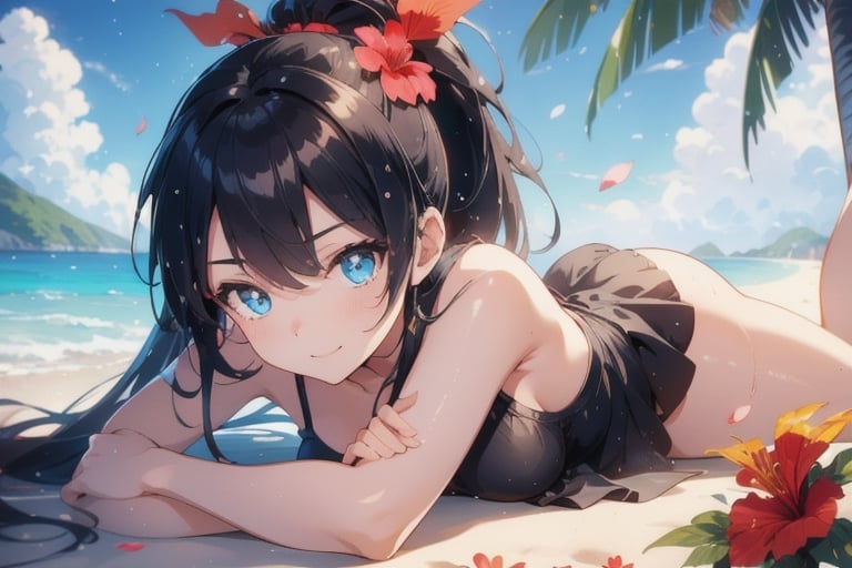 anime style beautiful woman, 1girl, (ponytail), black hair, (long hair), (smile), (beach), (outdoor, blue sky, beautiful fantasy tropics, sweet smile, vivid color, sunshine, flowers, hibiscus, scenery, Beautiful Beach)),  
Slender, skinny, (turime), thick eyebrows, 
((lying down, wet)),
vibrant colors, sharp focus, best quality, depth of field, cinematic lighting, (illustration, 8k CG, extremely detailed), ultra-detailed, high resolution, firefliesfireflies, perfect light, 
stylish pose, 8k, very clear, highest quality, high resolution. best quality, illustration, sax blue, 1girl, cute, (dynamic lighting:1.2), cinematic lighting, delicate facial features, detailed eyes, sharp pupils, realistic pupils, depth of field, bokeh, sharp focus, (hyper-detailed, bloom, glow:1.4), many small gems,Beautiful Beach