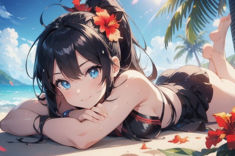 anime style beautiful woman, 1girl, (ponytail), black hair, (long hair), (smile), (beach), (outdoor, blue sky, beautiful fantasy tropics, sweet smile, vivid color, sunshine, flowers, hibiscus, scenery, Beautiful Beach)),  
Slender, skinny, (turime), thick eyebrows, 
((lying down, wet)),
vibrant colors, sharp focus, best quality, depth of field, cinematic lighting, (illustration, 8k CG, extremely detailed), ultra-detailed, high resolution, firefliesfireflies, perfect light, 
stylish pose, 8k, very clear, highest quality, high resolution. best quality, illustration, sax blue, 1girl, cute, (dynamic lighting:1.2), cinematic lighting, delicate facial features, detailed eyes, sharp pupils, realistic pupils, depth of field, bokeh, sharp focus, (hyper-detailed, bloom, glow:1.4), many small gems,Beautiful Beach