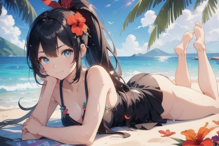 anime style beautiful woman, 1girl, (ponytail), black hair, (long hair), (smile), (beach), (outdoor, blue sky, beautiful fantasy tropics, sweet smile, vivid color, sunshine, flowers, hibiscus, scenery, Beautiful Beach)),  
Slender, skinny, (turime), thick eyebrows, 
((lying down, wet)),
vibrant colors, sharp focus, best quality, depth of field, cinematic lighting, (illustration, 8k CG, extremely detailed), ultra-detailed, high resolution, firefliesfireflies, perfect light, 
stylish pose, 8k, very clear, highest quality, high resolution. best quality, illustration, sax blue, 1girl, cute, (dynamic lighting:1.2), cinematic lighting, delicate facial features, detailed eyes, sharp pupils, realistic pupils, depth of field, bokeh, sharp focus, (hyper-detailed, bloom, glow:1.4), many small gems,Beautiful Beach