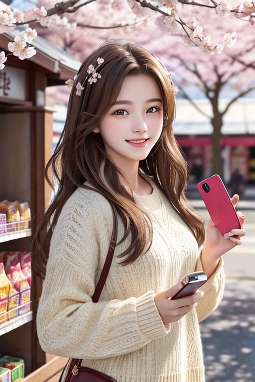 Realistic, masterpiece, best quality, original photo, 1girl is cute, 15 years old, long hair, brown hair. Dynamic lighting, low key, intricate details and shiny skin, high resolution, HDR, smile, cherry blossoms, convenience store, sunlight, girl with phone in hand