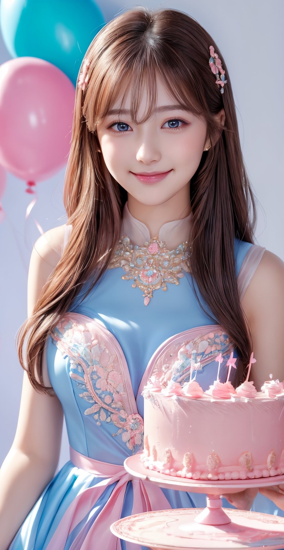 photorealistic, masterpiece, best quality, raw photo, ultra hires, ultra detailed, masterpiece, best quality, 1 girl, very bright backlight, (beautiful delicate brown eyes), birthday party, balloons, detailed background, depth of field with colored light bulbs, ((holding a delicate ornate cake)), natural soft light, delicate facial features , air bangs, beautiful Korean girl, smiling eyes, (wearing a elegant pink and blue dress: 1.3), 22 years old, shy smile