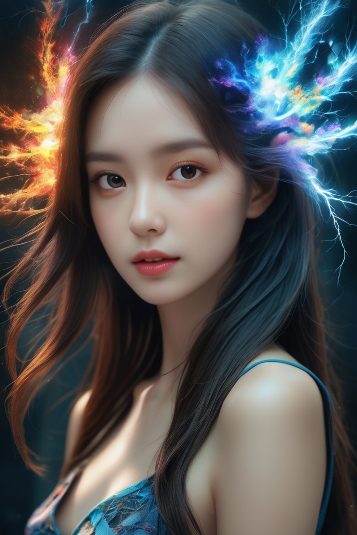 (masterpiece, top quality, best quality, official art, beautiful and aesthetic:1.2), (1girl), extreme detailed,(abstract, fractal art:1.3),colorful hair,highest detailed, detailed_eyes, fire, water, ice, lightning, light_particles, ghost,xxmix_girl