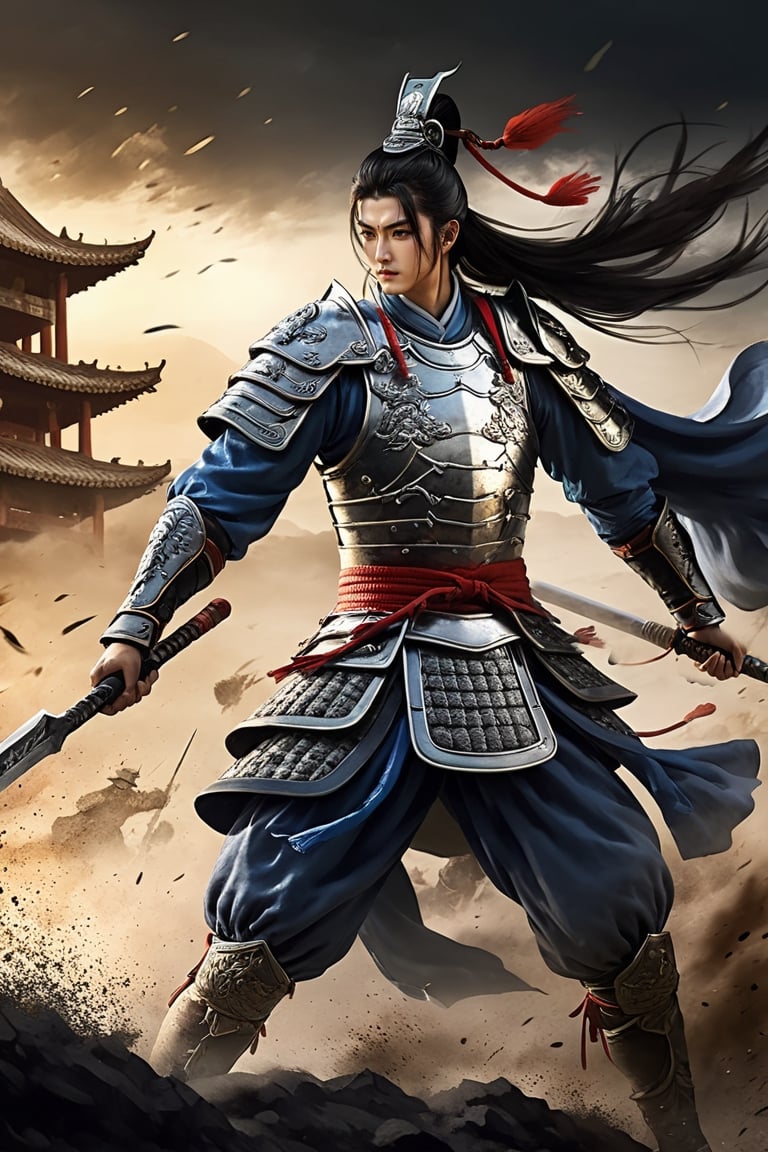 Masterpiece, best quality, stunning, extremely detailed CG uniforms 8k wallpaper, Chinese generals Zhao Yun, hold chinese spear in hand, fighting pose, standing on dusty battlefield dark background, 8k,