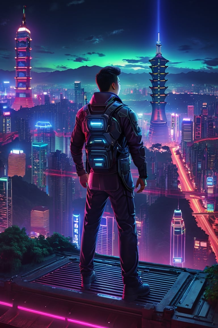 Masterpiece, best quality, stunning, extremely detailed CG uniform 8k wallpaper, Taipei Future World, neon lights, a man standing on the roof of a building, night, high perspective,