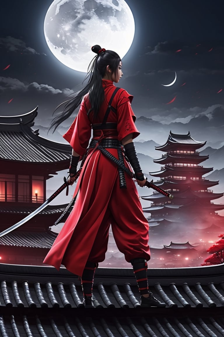 Masterpiece, best quality, stunning, extremely detailed CG uniform 8k wallpaper, 1 girl, Japanese female ninja, full body red ninja costume, ninja sword, standing on Japanese castle roof, moon in the dark night, 8k,