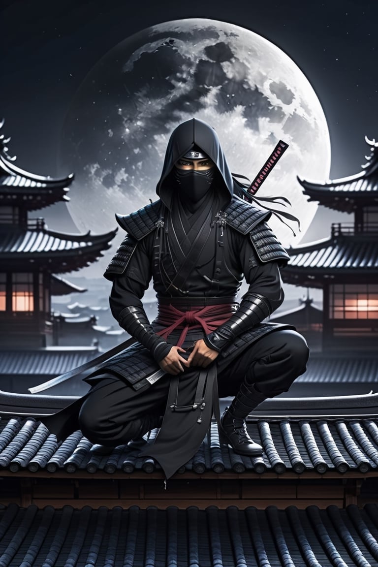 Masterpiece, best quality, stunning, extremely detailed CG uniform 8k wallpaper, Japanese ninja, o full body black ninja outfit, ninja sword, crouching pose, standing on Japanese style bungalow roof, moon in dark night, 8k,
