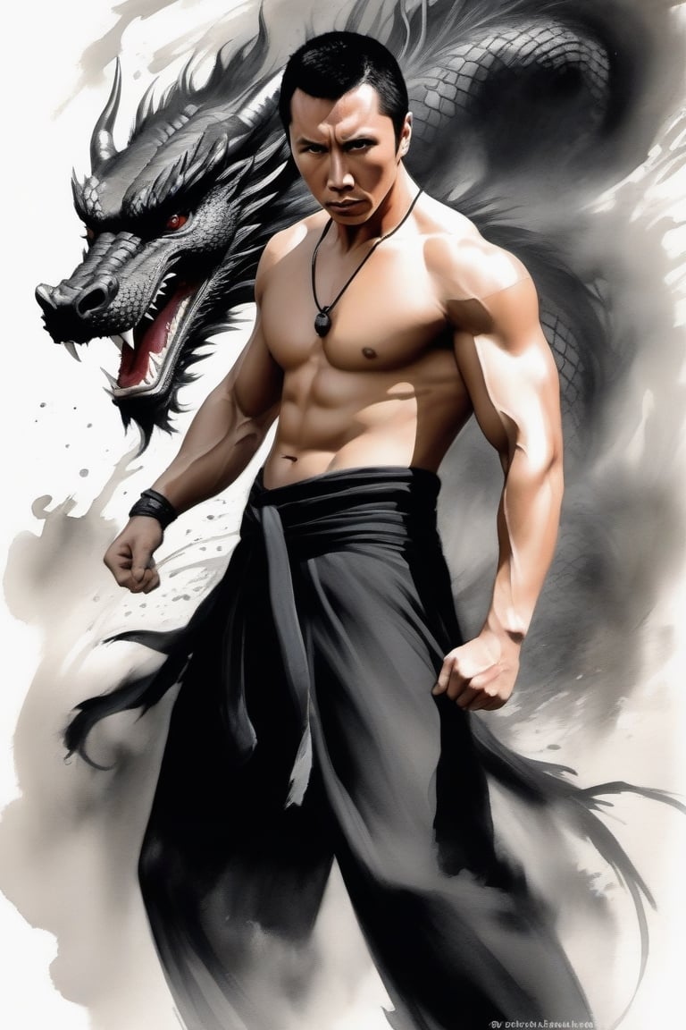 Donnie Yen close-up, angry expression, shirtless,  black cloth kung fu pants, black cloth belt, fighting posture, Chinese ink painting dragon, outdoor, Chinese ink painting, whole body,