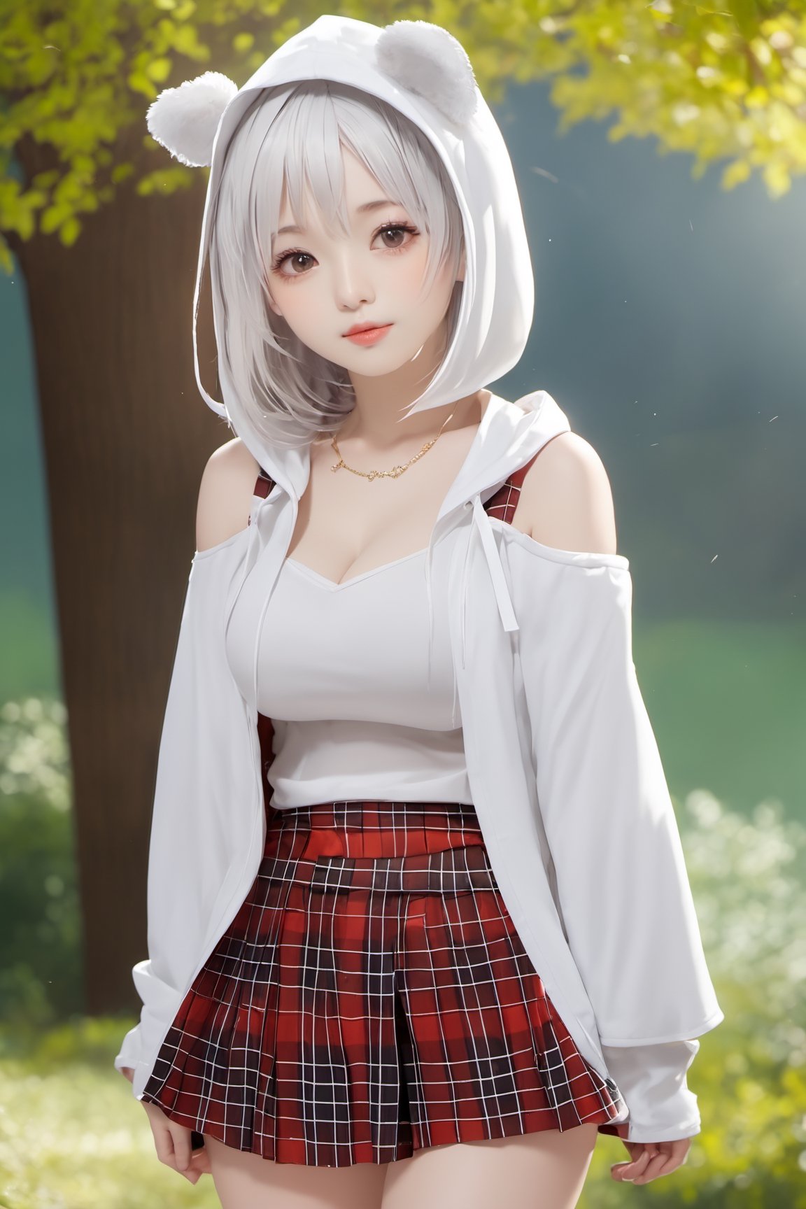 Masterpiece, highest quality, high brightness, 1 girl, garter strap, white hair, hair ornament, plaid skirt, white camisole, miniskirt, white shirt, mid black jacket, plaid ribbon, (hood up): 1.2), long sleeves , off-shoulder, chibi, cute,