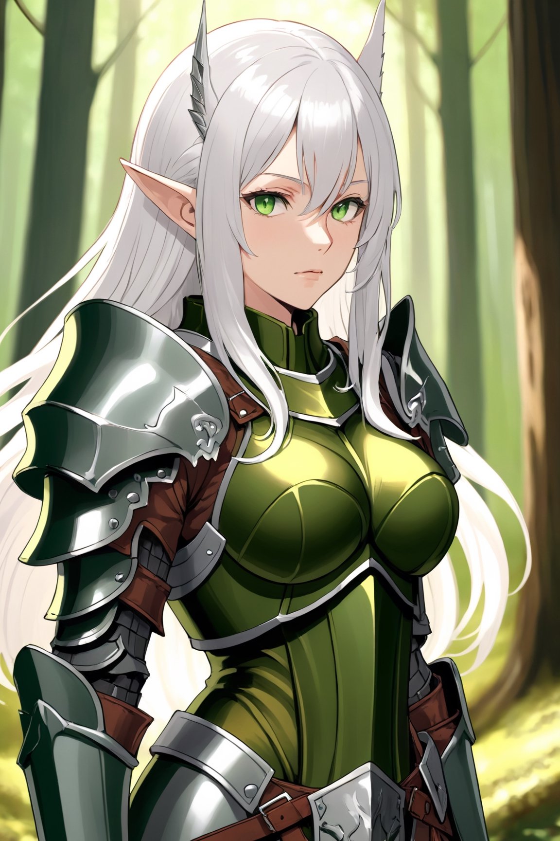 1girl, solo, masterpiece, ultra detailed, scenery, medium shot, standing, forest, outdoors, pointy ears,, white hair, hair between eyes, green eyes, long hair, medium breasts, armor, heavy armor,