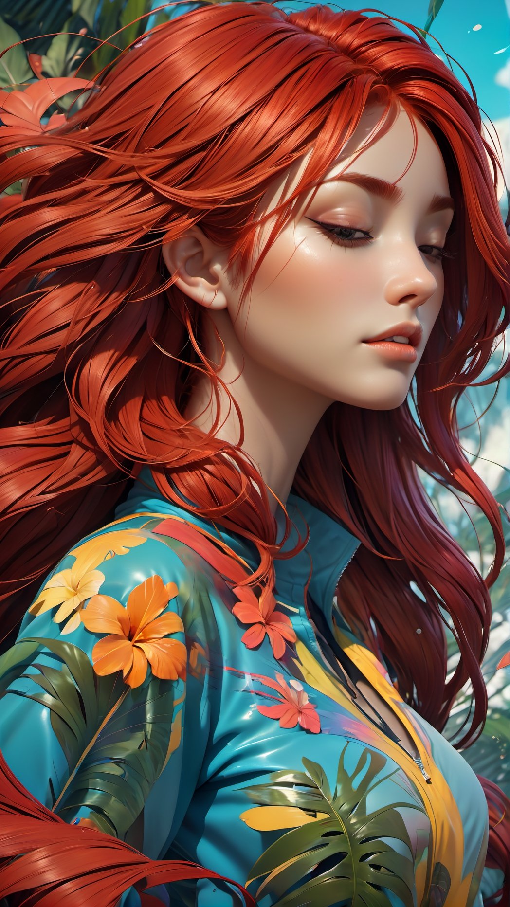 a masterpiece image of Splash art, music album, art cover, drawing a woman with red hair closed eyes, without eye makeup, headphones on ears, tropical paradise, flowing allure in every stride, in frame, surrealistic, epic, artstation, splash style of colorful paint, splash swirling dripping melting, contour, intricate detail, splash screen, complementary colors, fantasy concept art, 8k resolution, deviantart masterpiece, paint dripping, splash arts, unreal engine, greg rutkowski, loish, rhads, beeple, makoto shinkai and lois van baarle, ilya kuvshinov, rossdraws, tom bagshaw, alphonse mucha, global illumination, detailed and intricate environment , (photorealistic:1.4), best quality, ultra high res