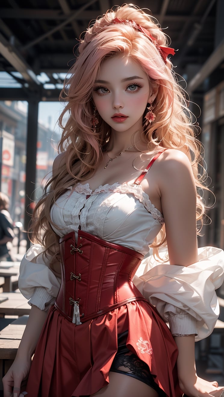 Masterpiece, best quality female, (French),(small breast), (very long curly pink volumetric hair:1.33), (white crinoline inside with red corset outside:1.33), (long red skirt:1.33), flat headband, (detailed beautiful hazel eyes:1.33), detailed blush face, slim body, perfect anatomy, very cute, dynamic pose, perfect shading, dramatic lighting, rendered in 8K resolution for high-quality detail, trending on art station, concept art, smooth, sharp focus, illustration, highly detailed, soft natural volumetric, cinematic perfect light, intricate details