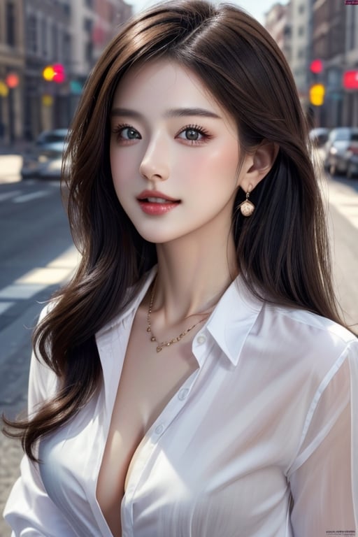 (masterpiece, Best Quality, photorealistic, ultra-detailed, finely detail, high resolution, 8K wallpaper), a close-up portrait of 1 beautiful woman, standing in the city, earrings, necklace, smiling happily, light-brown messy long hair, in black business suit, white collared shirt, unbuttoned, sharp-focus, large-sized breasts, perfect dynamic composition, beautiful detailed eyes, detailed hair, detailed realistic skin texture, a cover of a fashion magazine, professional photography, ,xxmix_girl