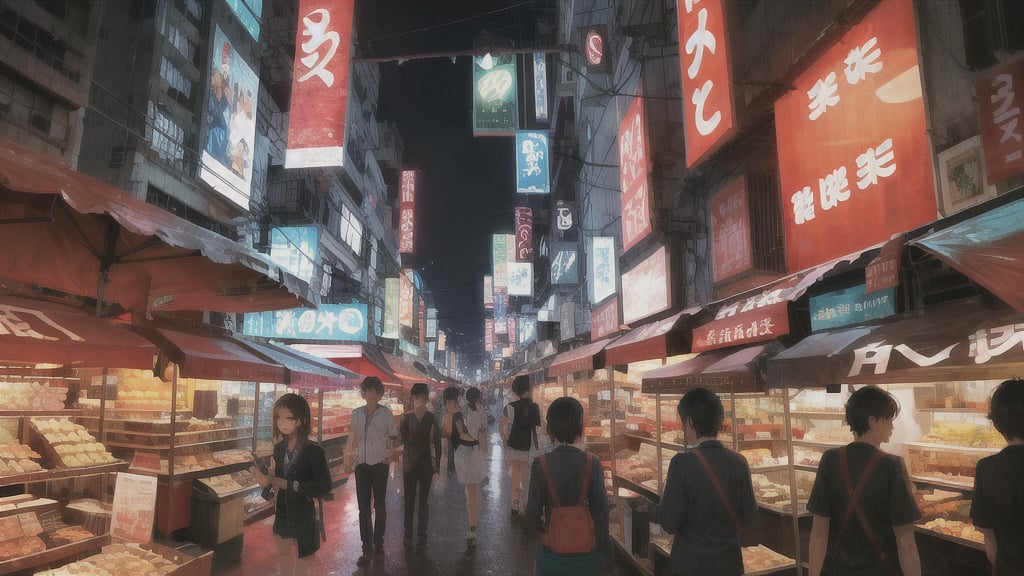 sky, twilight, anime, matte painting, bangkok, thailand, cyberpunk, night, market