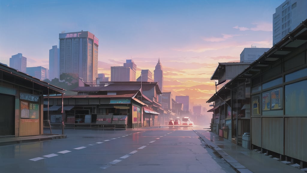 sky, twilight, anime, makoto shinkei, matte painting, bangkok, thailand, cyberpunk, night, market