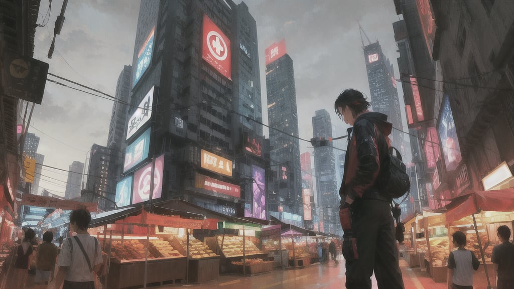 sky, twilight, anime, matte painting, bangkok, thailand, cyberpunk, night, market