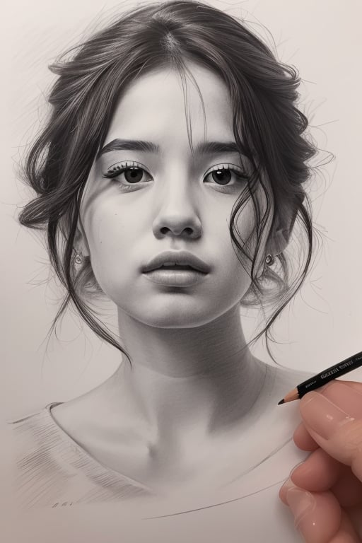 girl, realistic, Pencil drawing, (portrait:1.2), (sketch:1.2), painting, rough sketch, (Line art:1.2), meticulous painting, white paper, character on paper, black and white, extra lines, clear lines, shadow, masterpiece, complex background