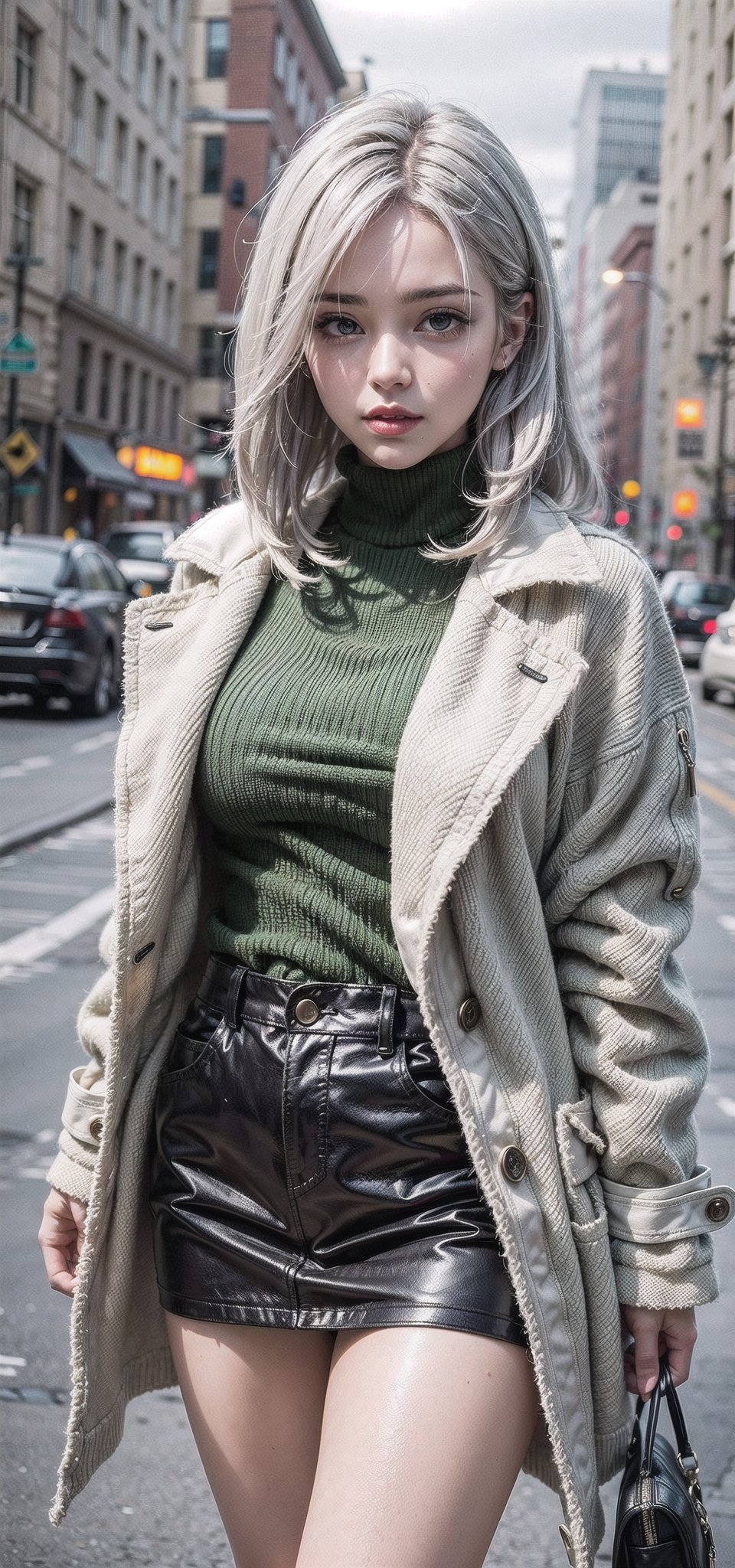 beautifull woman in a Green Winter Sweaters Oversized Turtleneck Long Sleeve with white hair in the air, leather coat 