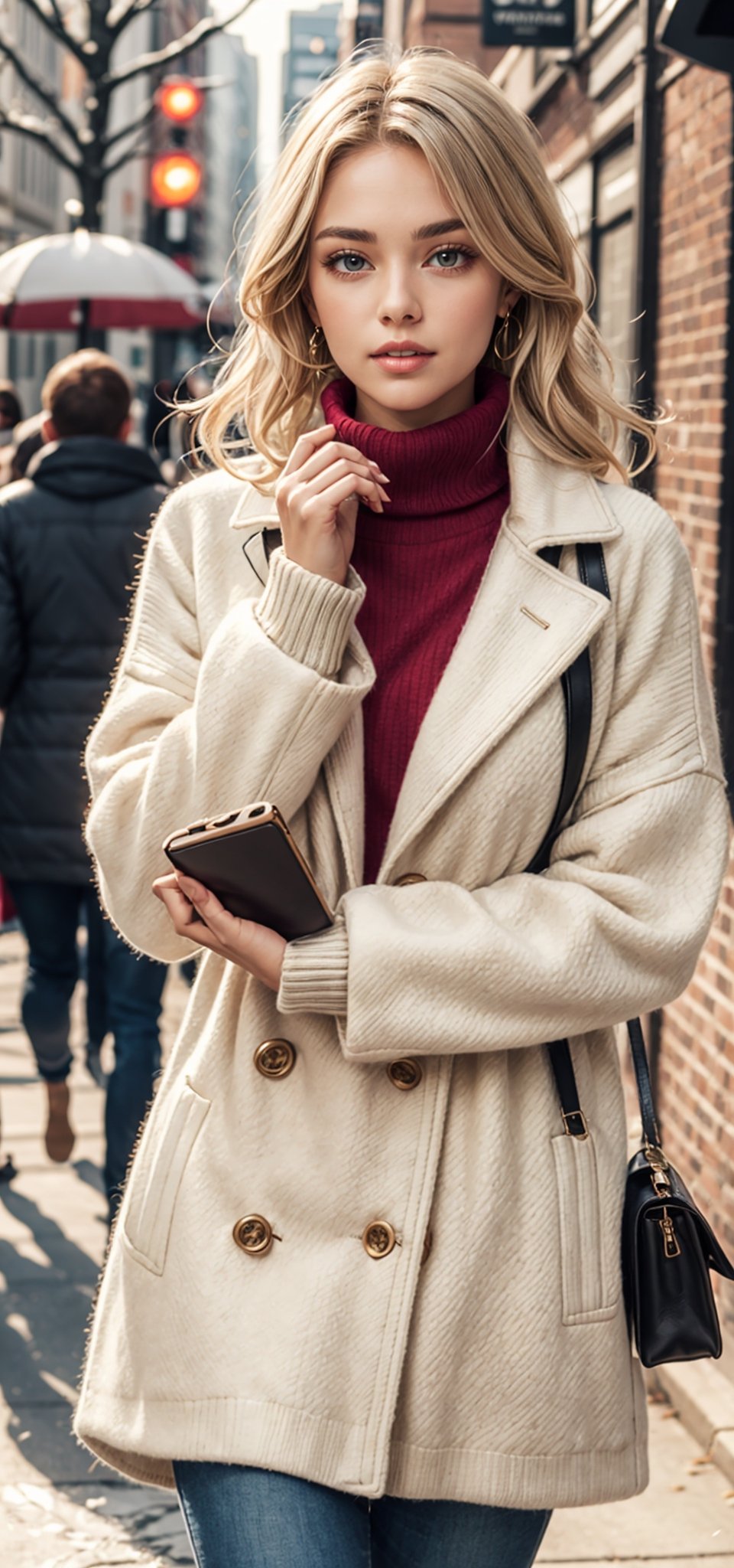 beautifull woman in a RED Winter Sweaters Oversized Turtleneck Long Sleeve with white hair in the air, leather coat 