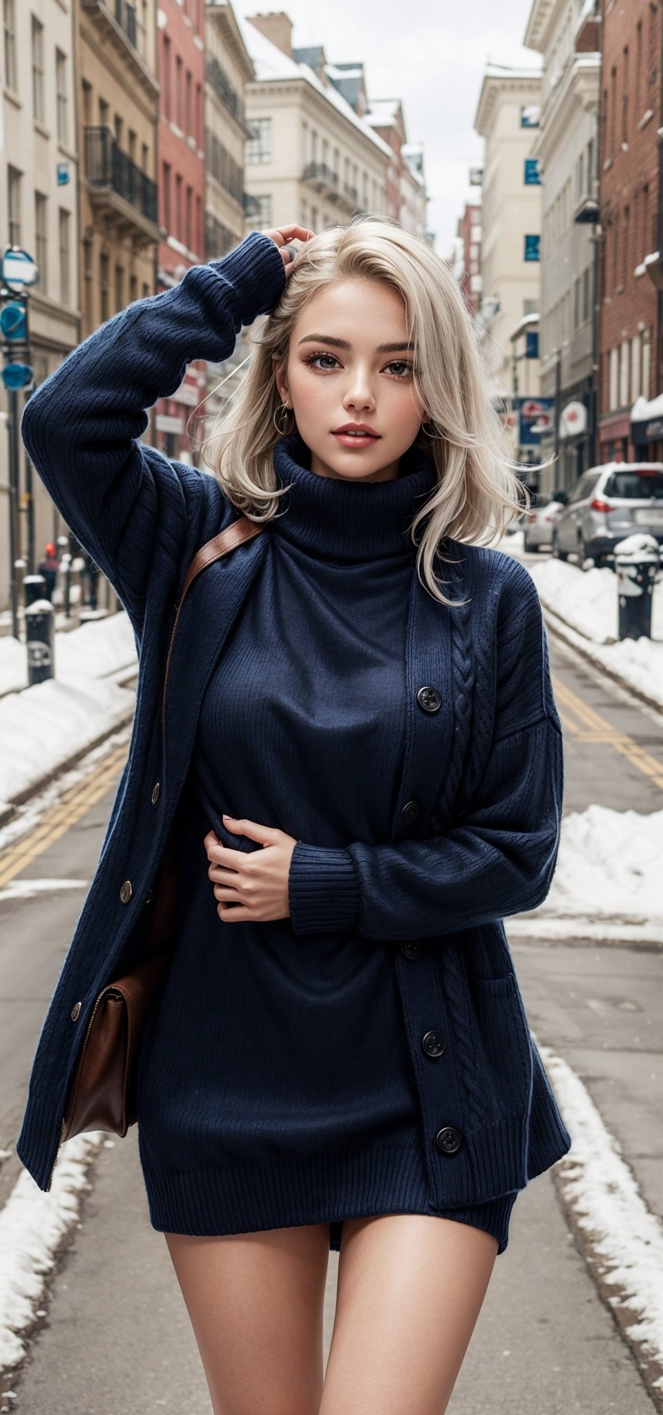 beautifull woman in a Navy blue Winter Sweaters Oversized Turtleneck Long Sleeve with white hair in the air, leather coat 