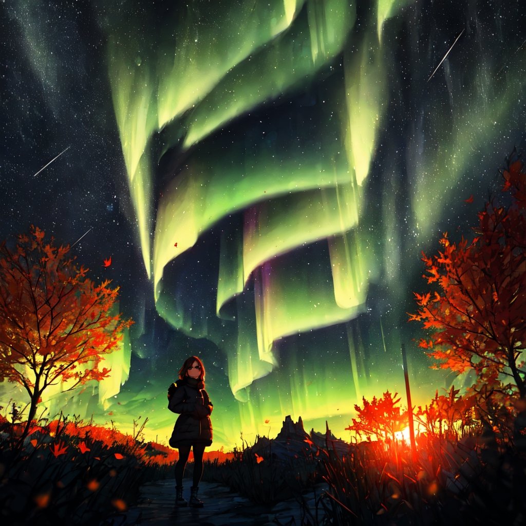 Ultra realistic photo, young woman with beautiful blue eyes looking at the viewers, outdoor hiking on a mountian, autumn season, there is a huge bear far way in the background, fantasy landscape with neon northern lights