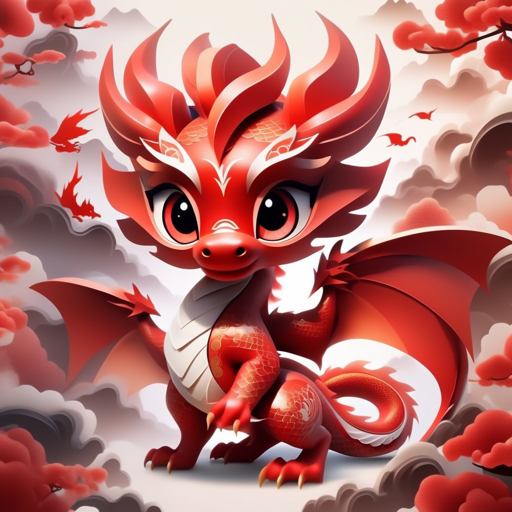 A lovely dragon, Chinese dragon, red tone, Chinese myth, mythical animal, complex details, magic, gorgeous, China-Chic illustration, Shadow play, rice paper, packaging, Chinese style, clean white background, big eyes, lovely action fashion blind box toys,EpicSky,Flat Design