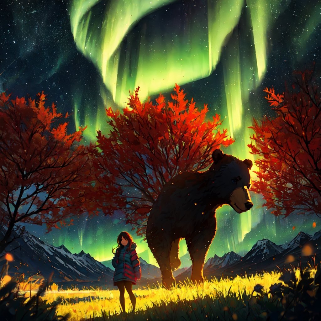 Ultra realistic photo, young woman with beautiful blue eyes looking at the viewers, outdoor hiking on a mountian, autumn season, there is a huge bear far way in the background, fantasy landscape with neon northern lights