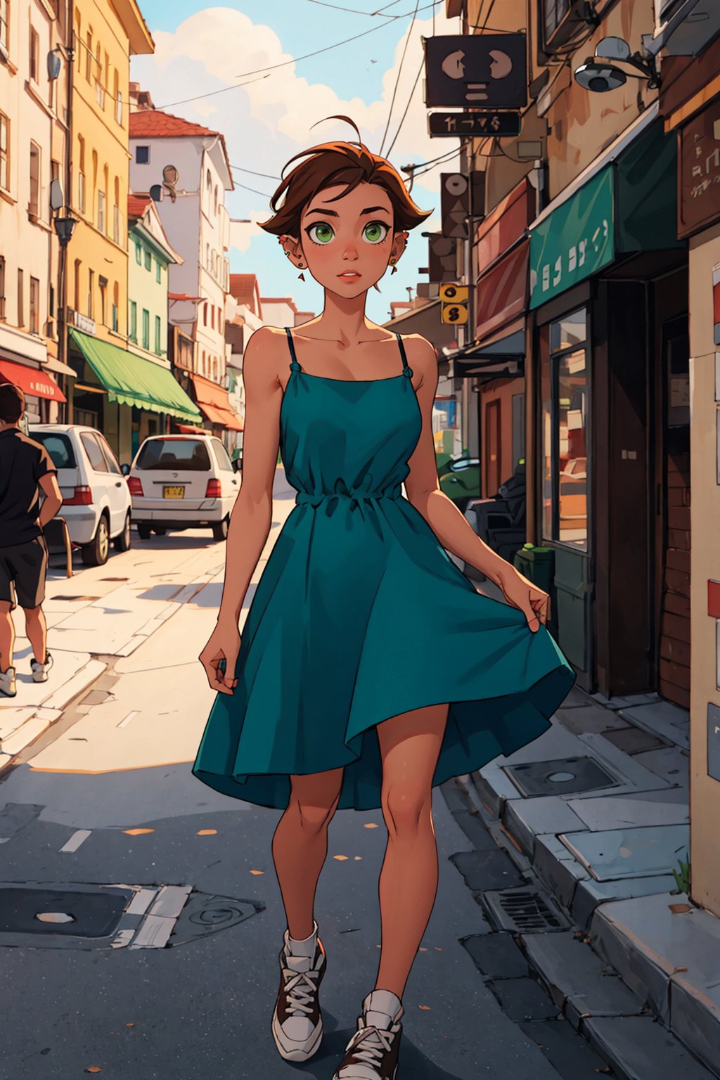 girl, short hair, brown hair, green eyes, piercing in the ears, dress with straps,sneakers, 8k, masterpiece, best quality, illustration