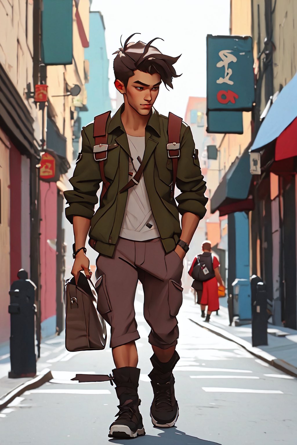 a cute guy walking down the street with a cell phone in his hand.,arcane style