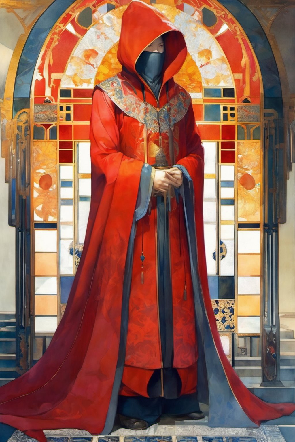 male, essence, faceless, tall, scarlet eyes, cloak, hood, cultist clothing, red clothing, yellow scarf, 32k, intricate details, highest resolution, hieroglyphics, final fantasy game character full body design, full body shot, in the style of alfons mucha, late 19th-century art style, vivid delicate watercolors, texture paints, symmetry, fantasy vibe, painting by miho hirano